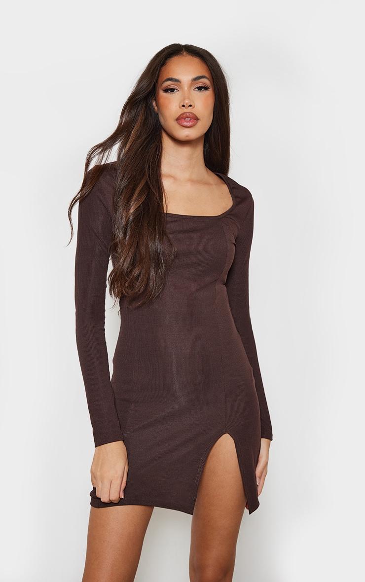 Tall Chocolate Rib Split Hem Square Neck Long Sleeve Bodycon Dress Product Image