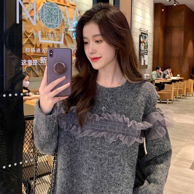 Crew Neck Cold Shoulder Plain Frill Trim Sweater Product Image