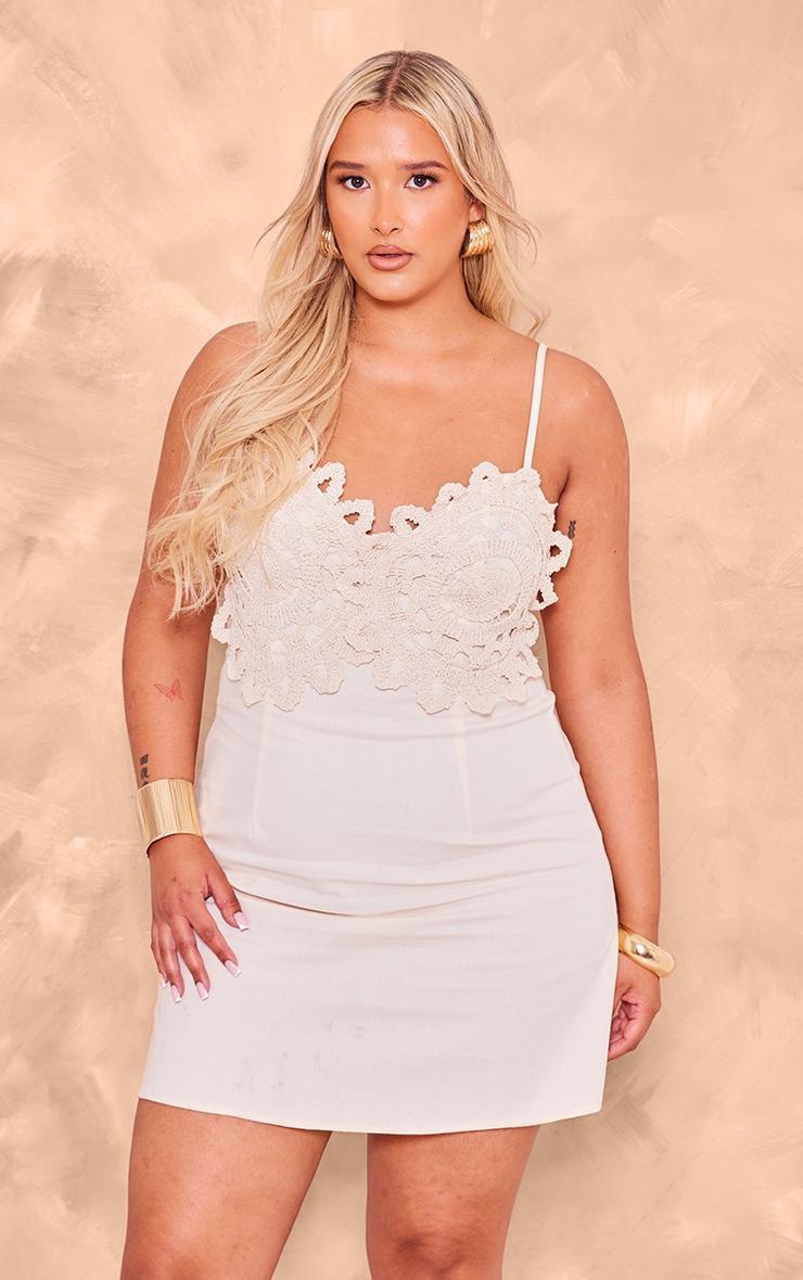 Plus Cream Crochet Bust Detail Linen Look Bodycon Dress Product Image