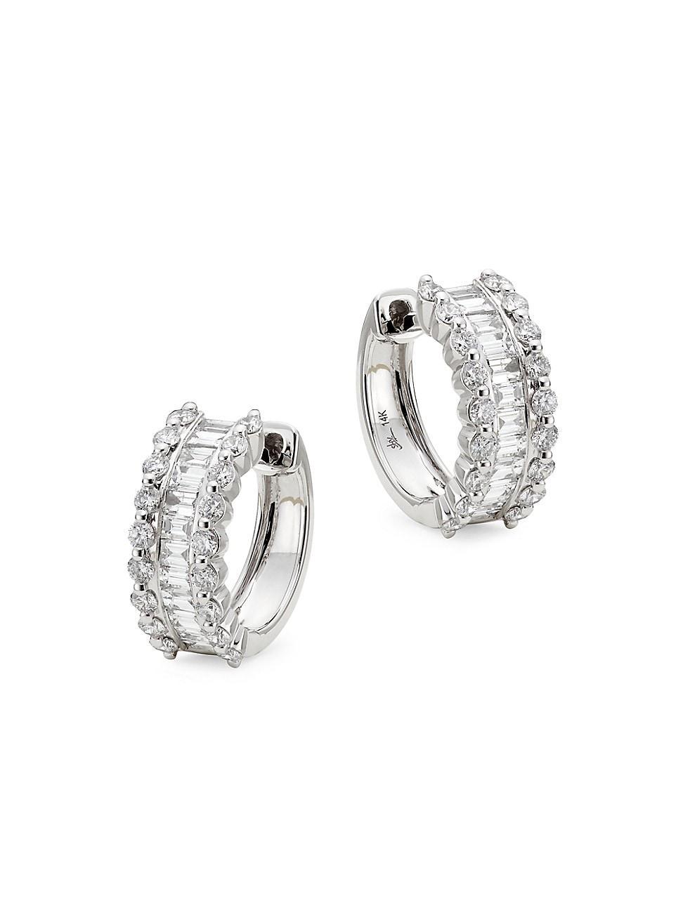 Womens 14K White Gold & 1.16 TCW Diamond Huggie Hoop Earrings Product Image