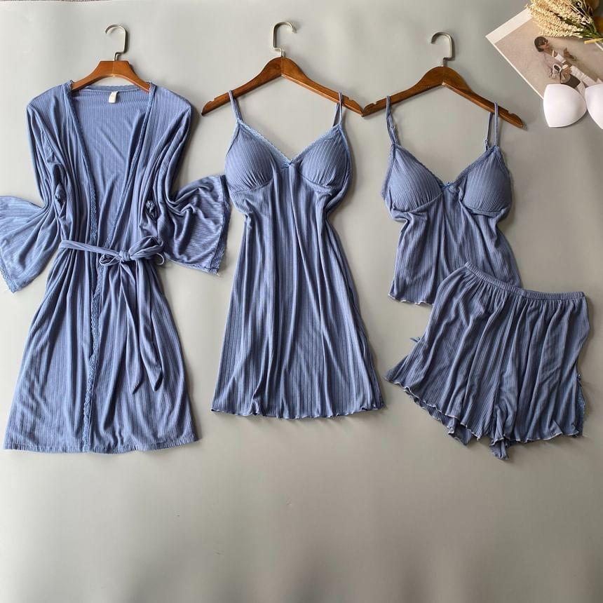 Pajama Set: Plain Camisole + Spaghetti Strap Nightdress + Elastic Waist Shorts + Tie Front Robe Product Image