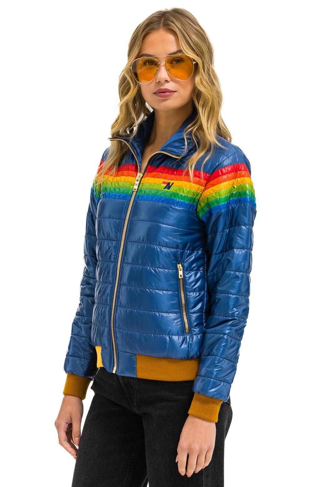 6 STRIPE RAINBOW SLEEVE JACKET -  GLOSSY DEEP BLUE Female Product Image