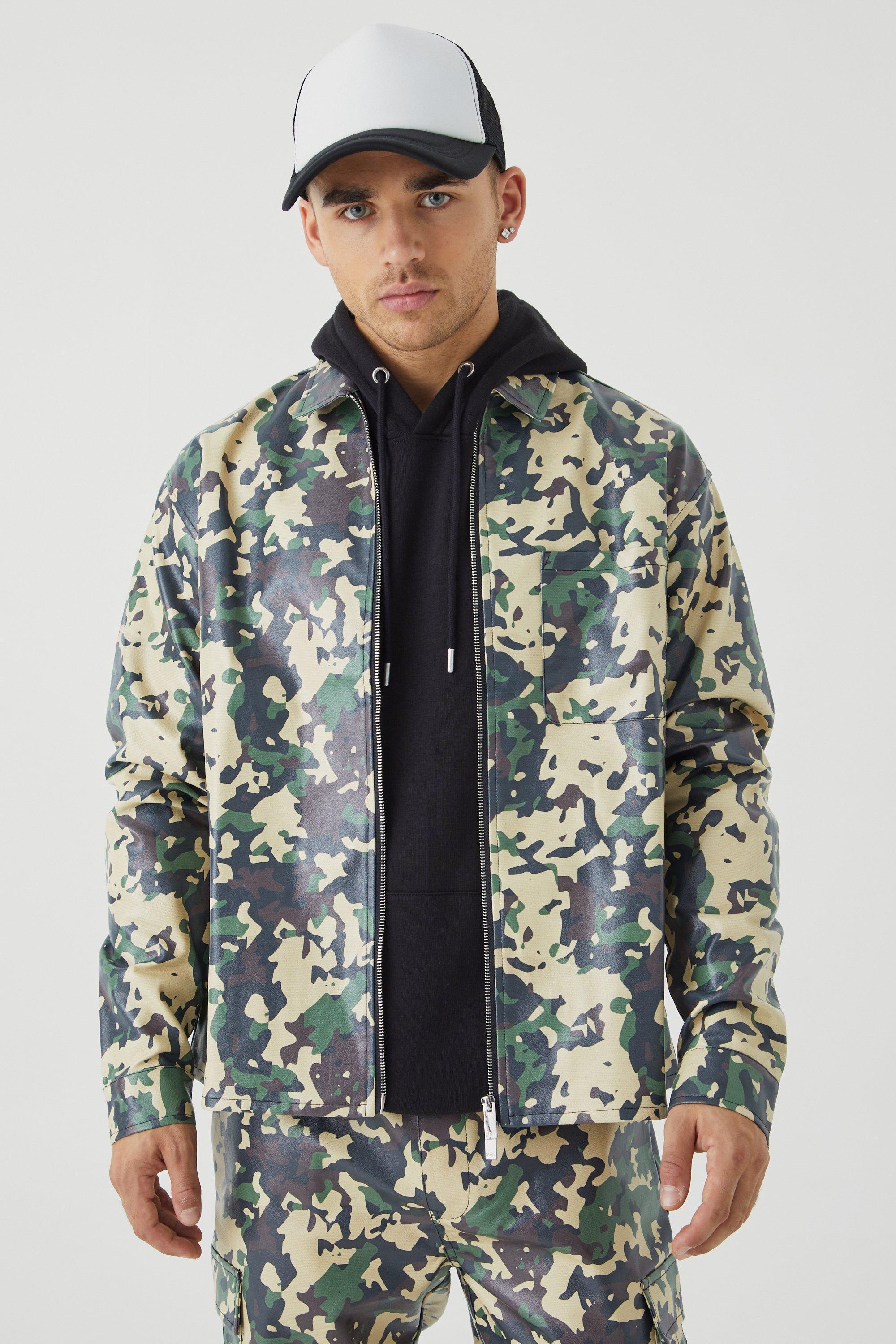 Pu Long Sleeve Boxy Camouflage Shirt | boohooMAN USA Product Image