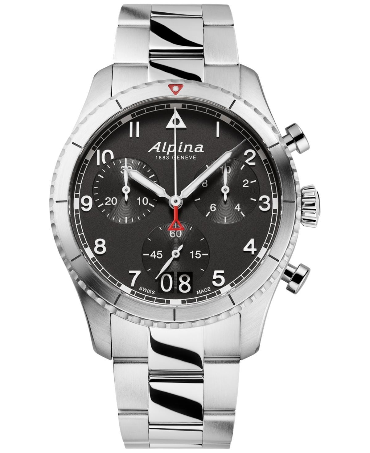 Alpina Mens Swiss Chronograph Startimer Pilot Stainless Steel Bracelet Watch 44mm - Silver-tone Product Image