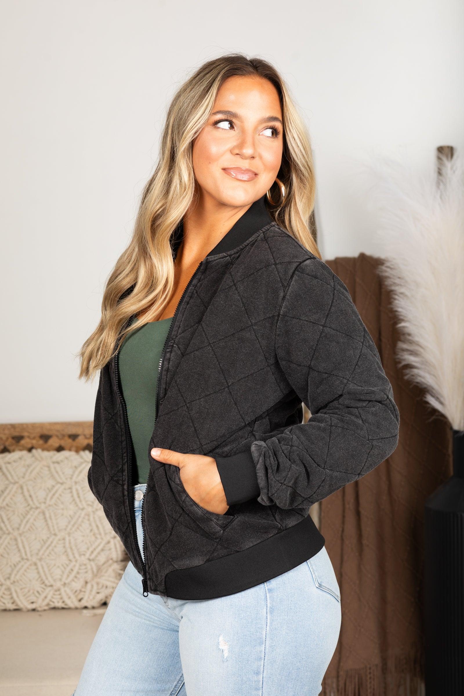 Black Quilted Mineral-Wash Bomber Jacket Product Image