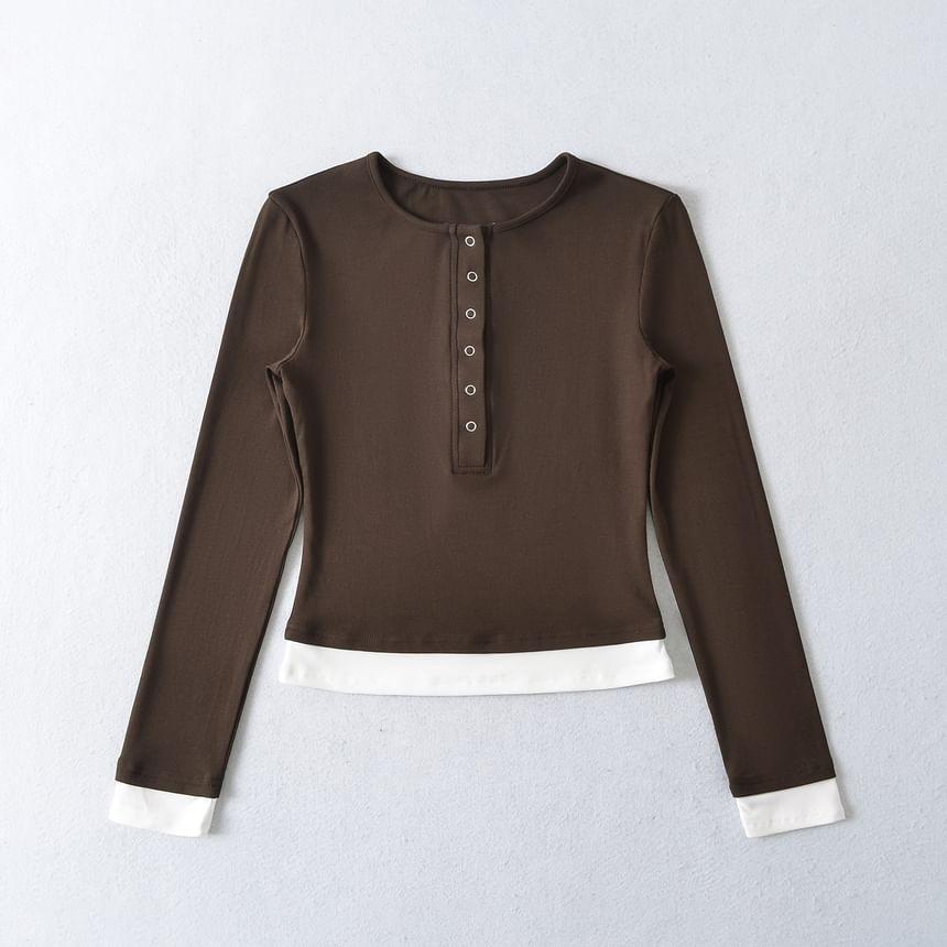 Mock Two-Piece Long-Sleeve Two-Tone Henley Tee Product Image