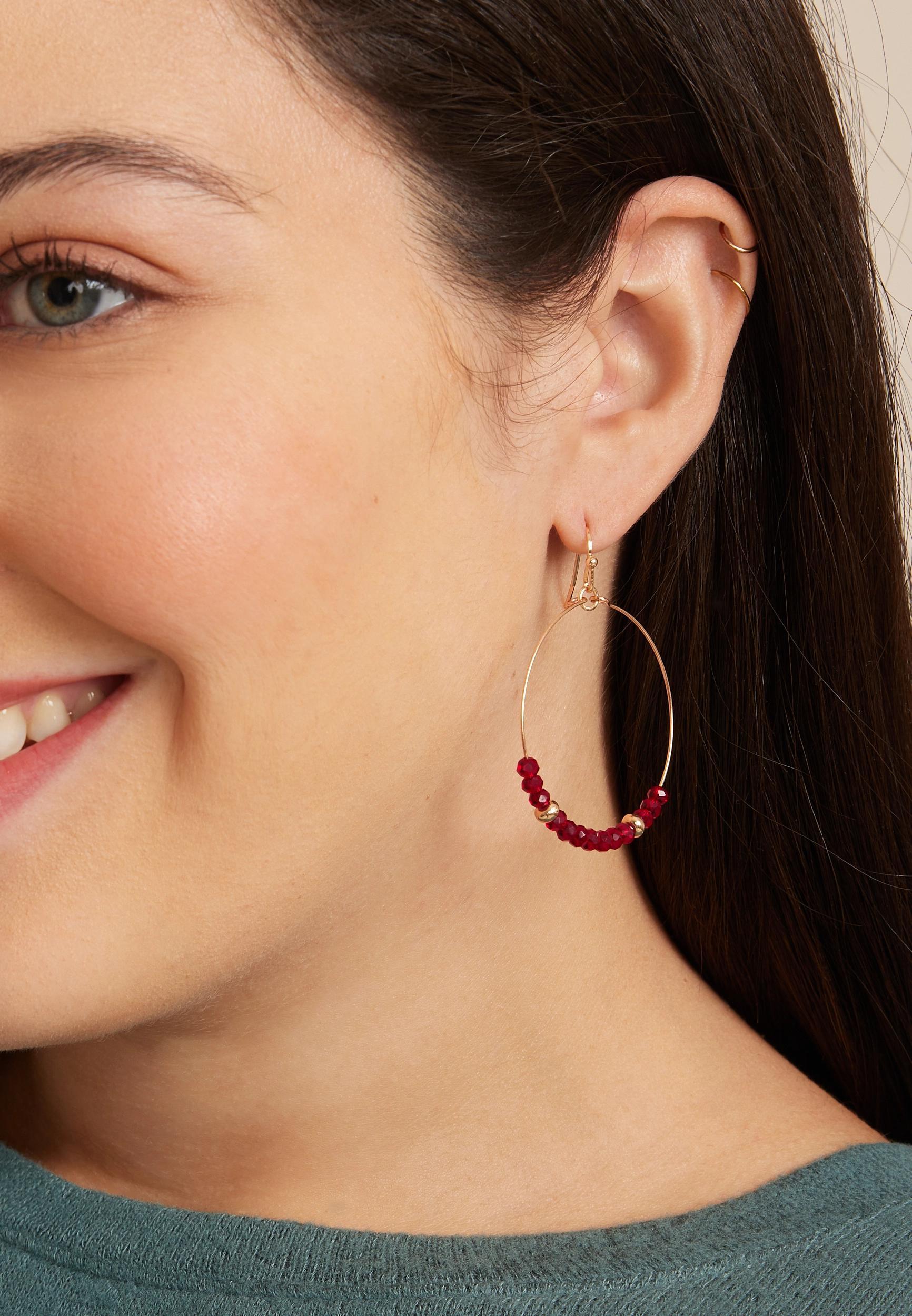 Red Beaded Hoop Earrings Product Image