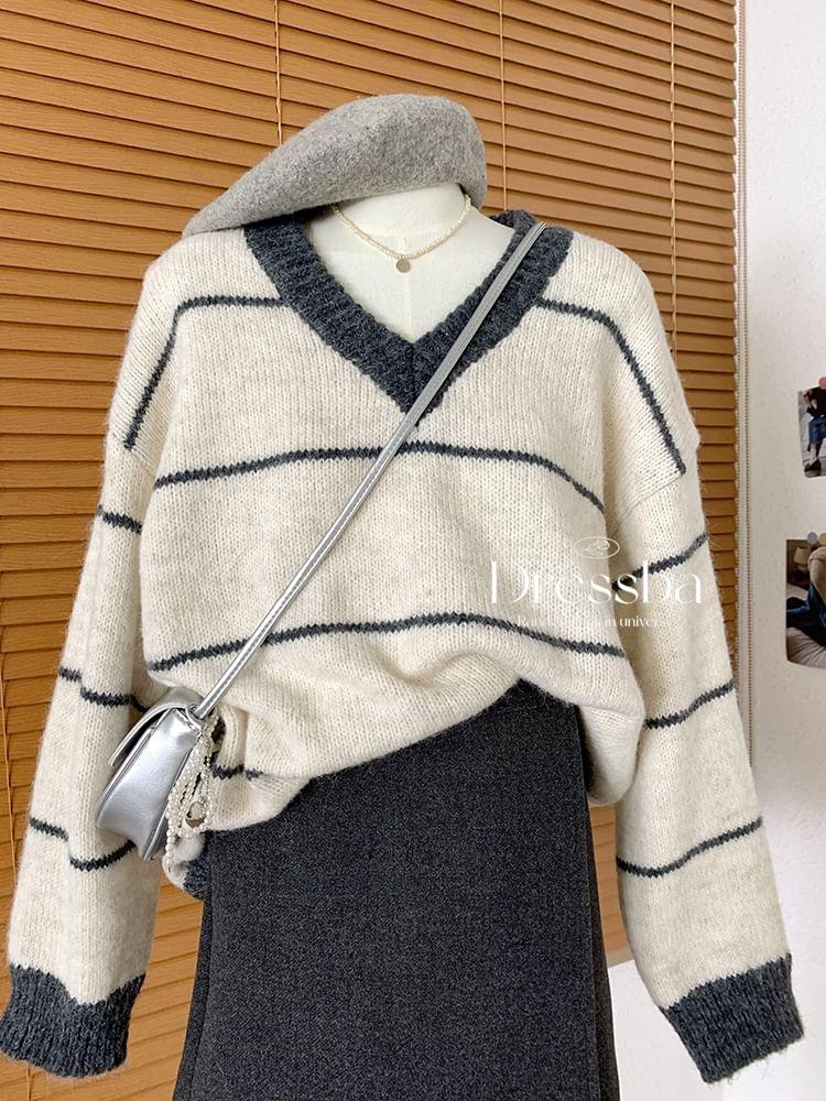 V-Neck Striped Sweater Product Image