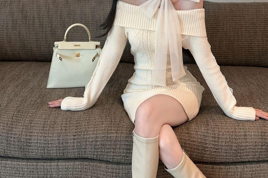 Long Sleeve Off Shoulder Plain Cable Knit Bodycon Mini Dress Product Image