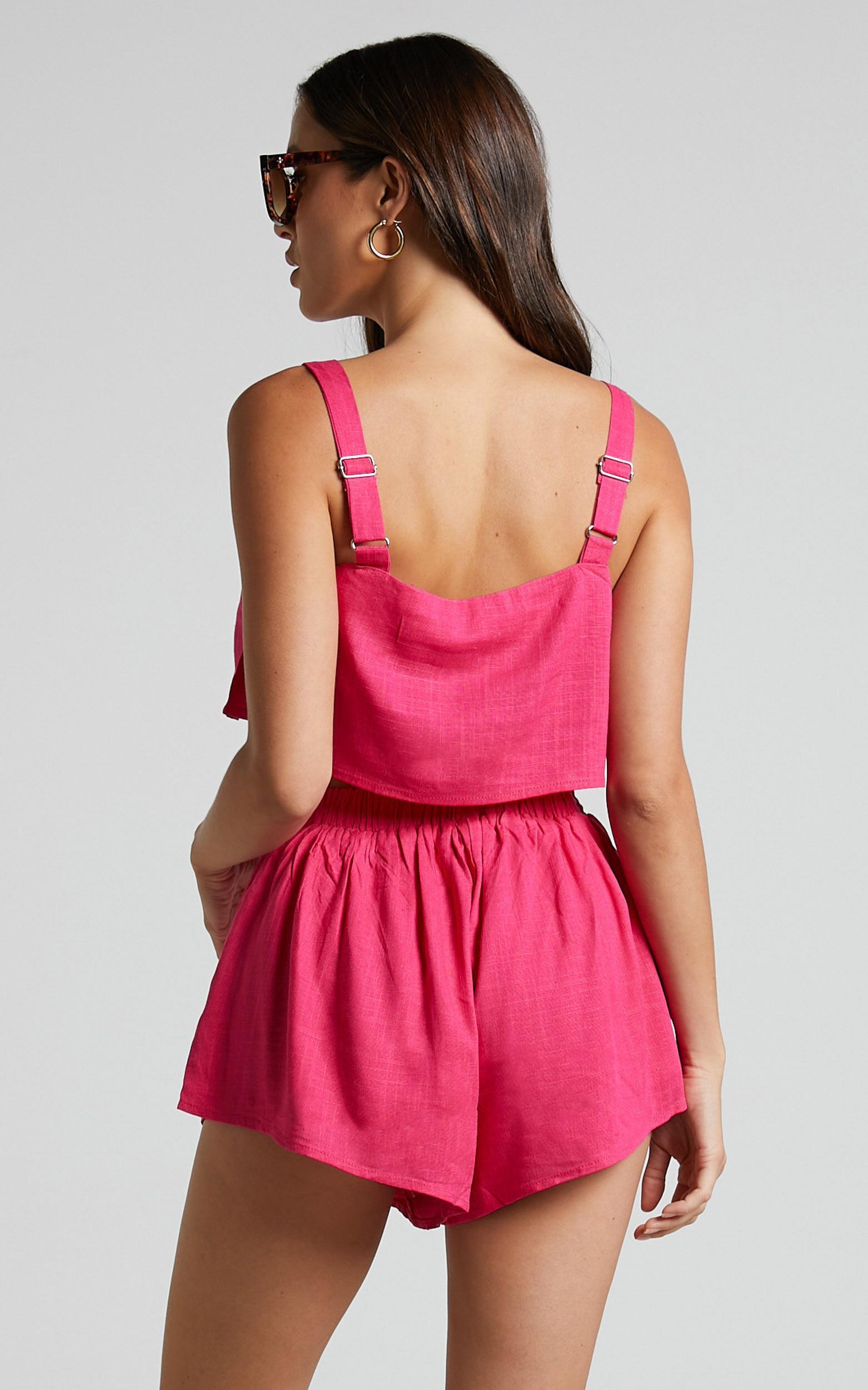 Zanrie Two Piece Set - Linen Look Square Neck Crop Top and High Waist Mini Flare Shorts Set in Hot Pink Product Image