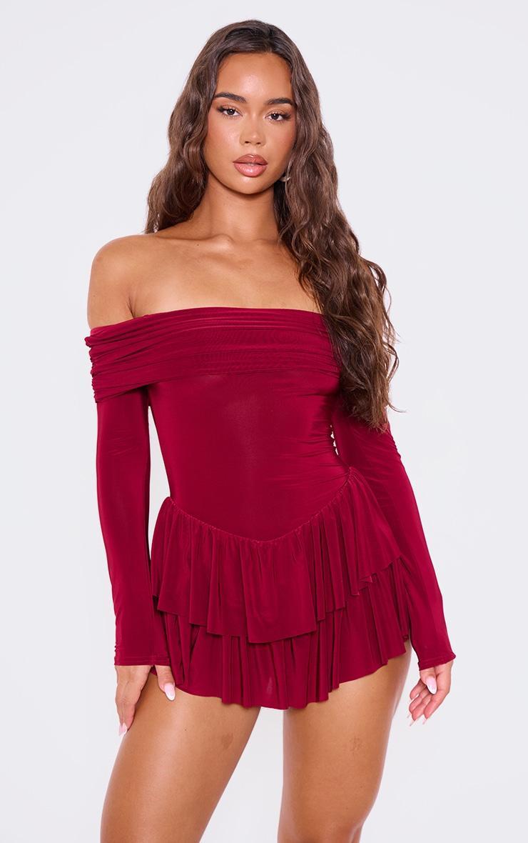 Burgundy Slinky Long Sleeve Bardot Rara Skort Romper product image