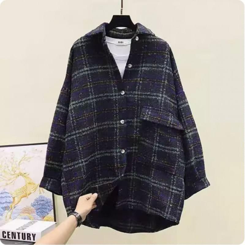 Long Sleeve Collared Plaid Shirt Jacket Product Image