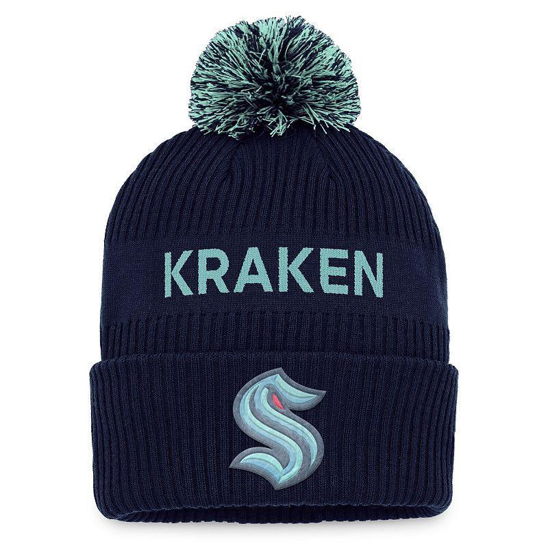 Mens Fanatics Branded Deep Sea Blue/Light Blue Seattle Kraken 2022 NHL Draft Authentic Pro Cuffed Knit Hat with Pom Product Image