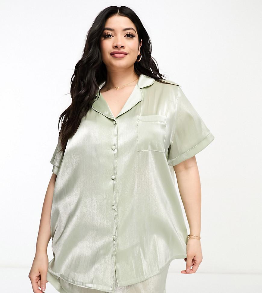 Loungeable Curve bridesmaid taffeta short sleeve revere shirt and short set in sage green Product Image