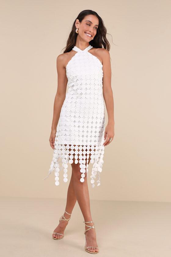 Flirtatious Fun White 3D Dot Halter Fringe Midi Dress Product Image