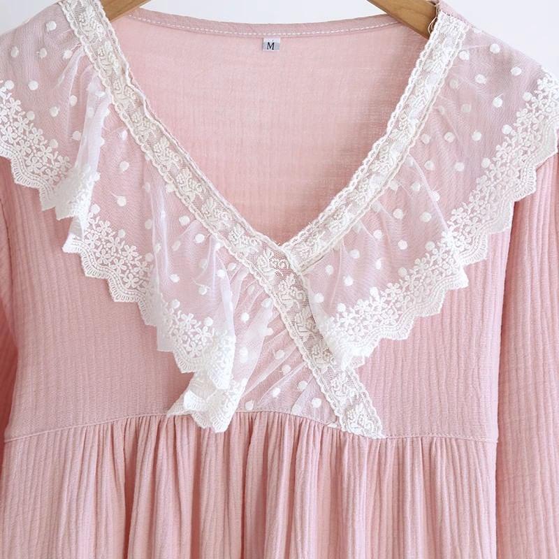 Long-Sleeve V-Neck Lace Trim Pajama Dress Product Image