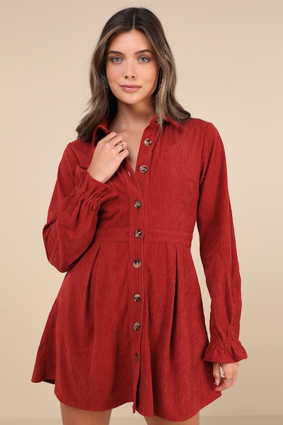 Autumn Mood Rust Red Corduroy Mini Dress With Pockets product image