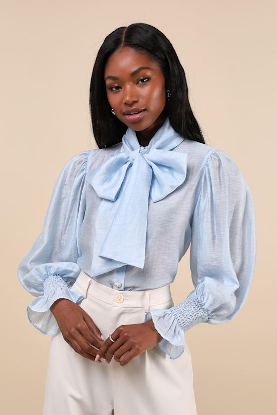 Wind River Light Blue Poet Sleeve Bow Collar Button-Up Top Product Image