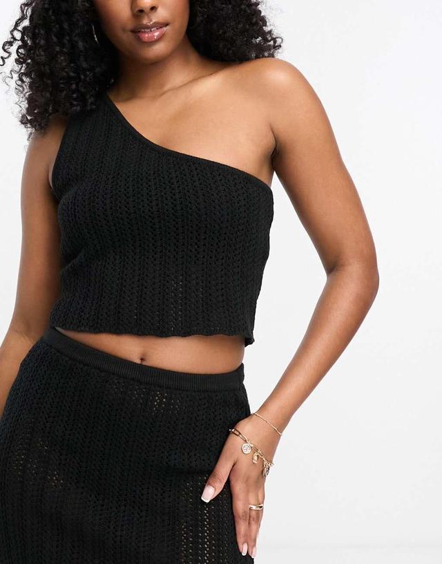 4th & Reckless dune crochet one shoulder beach crop top in black - part of a set Product Image