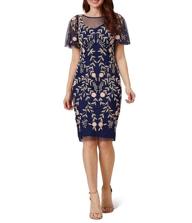 Adrianna Papell Beaded Illusion Boat Neck Short Flutter Sleeve Sheath Dress Product Image