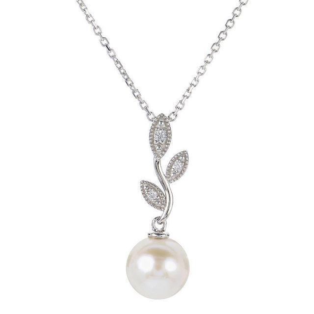 PearLustre by Imperial Sterling Silver Freshwater Cultured Pearl & Lab-Created White Sapphire Vintage Leaf Pendant Necklace, Womens Product Image