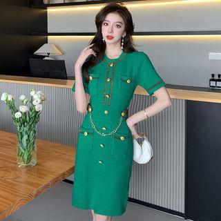 Short-Sleeve Round Neck Plain Contrast Trim Sheath Dress Product Image