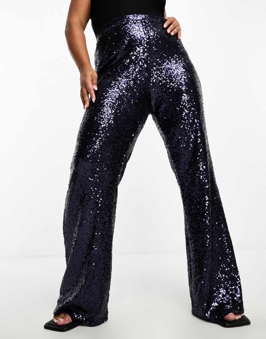 Collective the Label Plus exclusive sequin wide leg pants in midnight blue Product Image