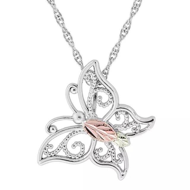 Black Hills Gold Tri-Tone Openwork Butterfly Pendant Necklace in Sterling Silver, Womens Product Image