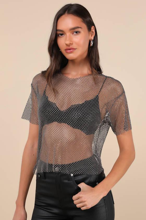 Glittery Demeanor Dark Grey Sheer Fishnet Rhinestone Top Product Image