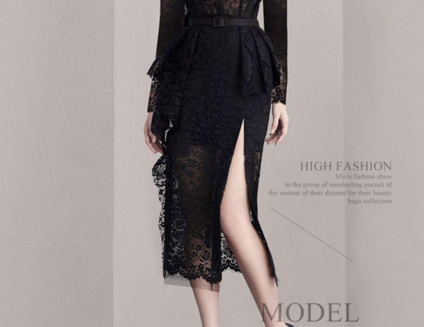 Long-Sleeve V-Neck Belted Slit Lace Midi Bodycon Dress Product Image