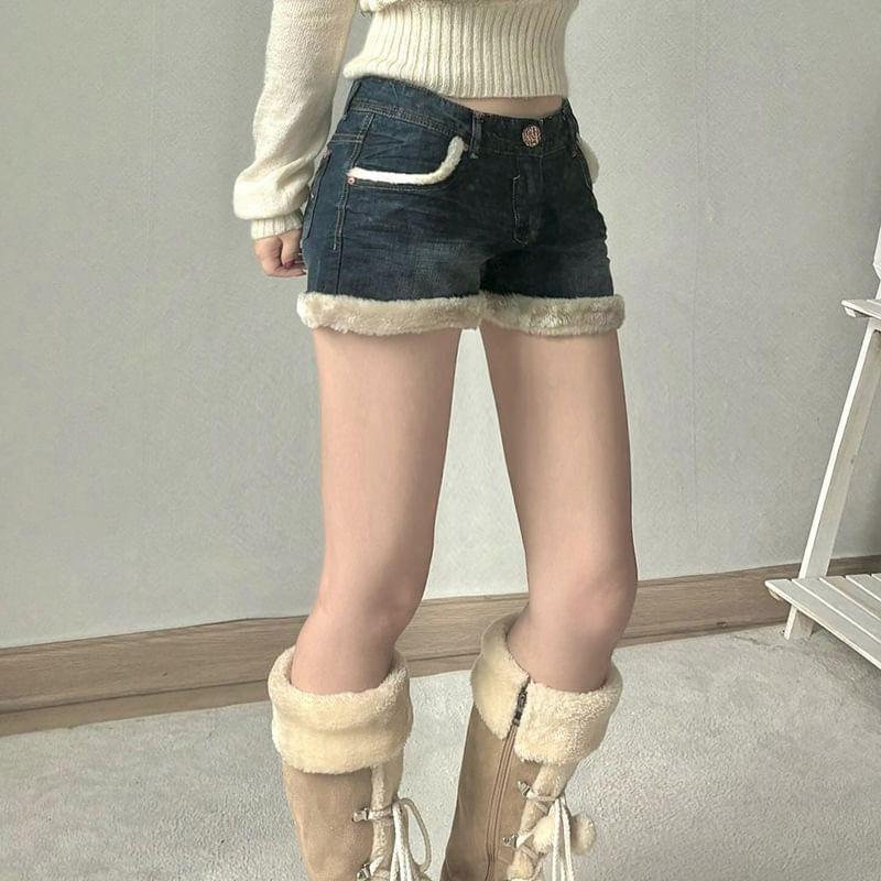 Low Rise Fleece Trim Denim Hot Pants Product Image