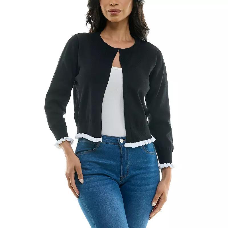 Womens Nina Leonard Three-Quarter Sleeve Contrast Trim Faux-Pearl Button Bolero Product Image