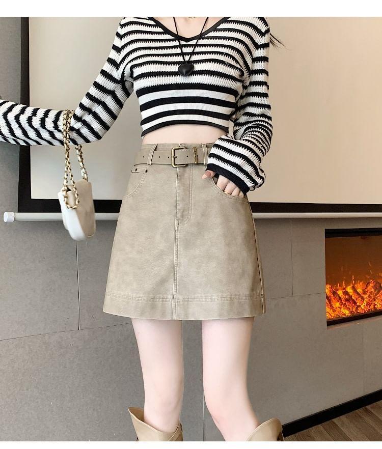 High Rise Belted Faux Leather Mini A-Line Skirt Product Image