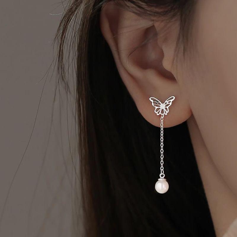 Butterfly Faux Pearl Alloy Drop Earring Product Image