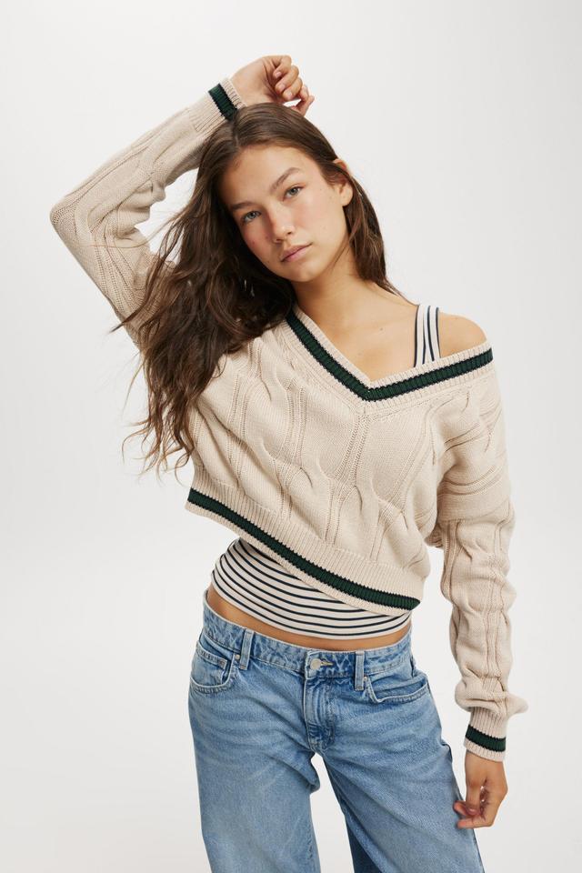 Cotton On Women - Varsity V-Neck Crop Cable Sweater - Stone pine green tipping Product Image