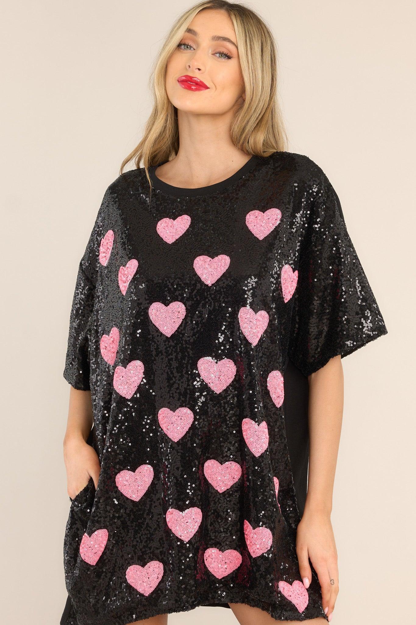 The Moment Black Sequin Heart Shirt Dress Product Image