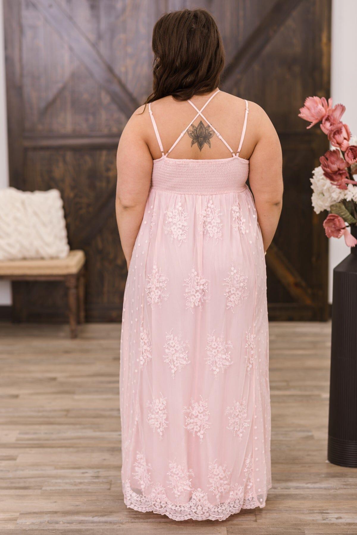 Dusty Rose Crochet Lace Bodice Maxi Dress Product Image