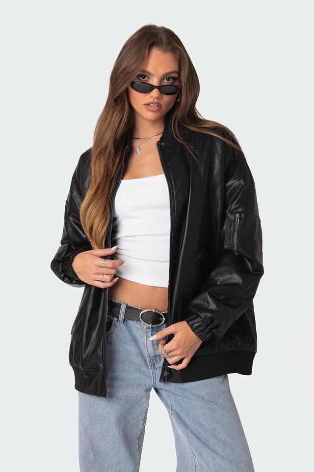 Faux Leather Oversized Bomber Jacket Product Image