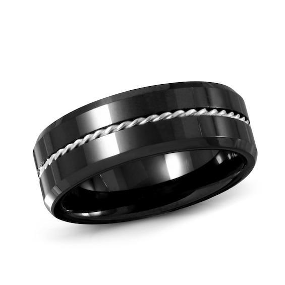 Men's 8.0mm Ceramic and Sterling Silver Twist Rope Wedding Band Product Image