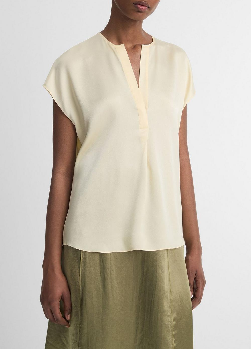 Silk Cap-Sleeve Half-Placket Blouse Product Image