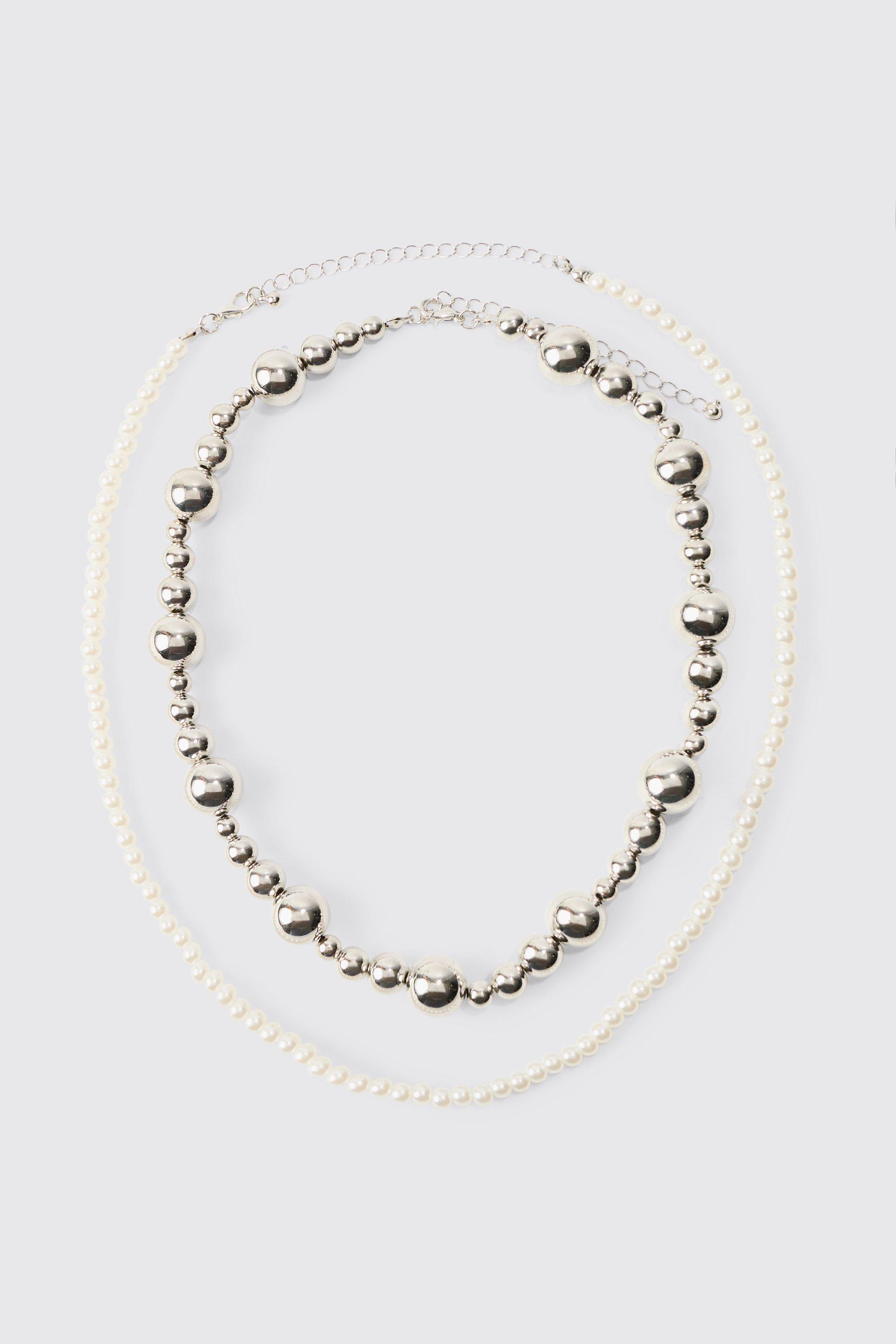 Pearl And Metal Bead Multi Layer Necklace | boohooMAN USA Product Image