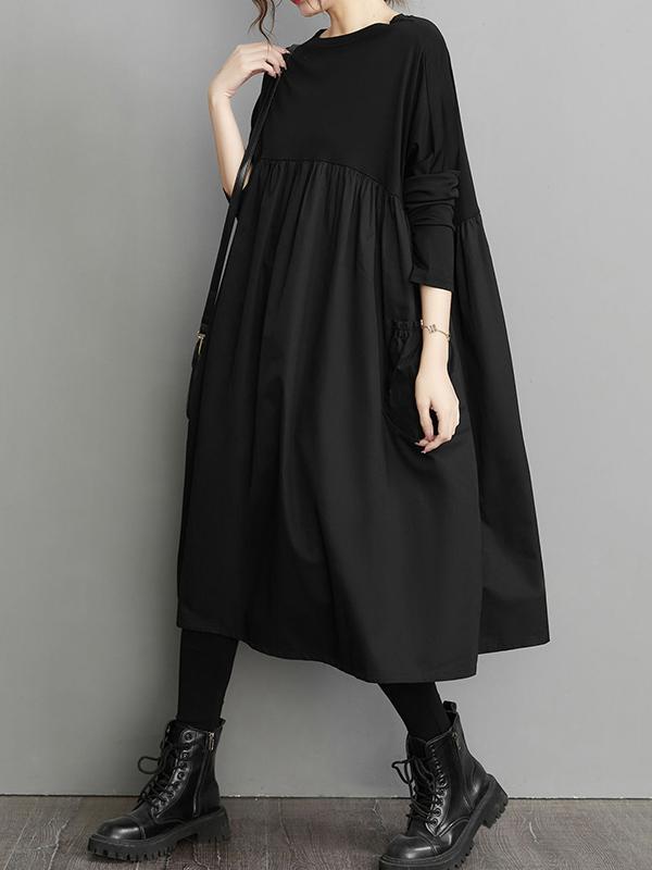 Simple Loose Black Split-Joint Long Sleeves Midi Dress Product Image