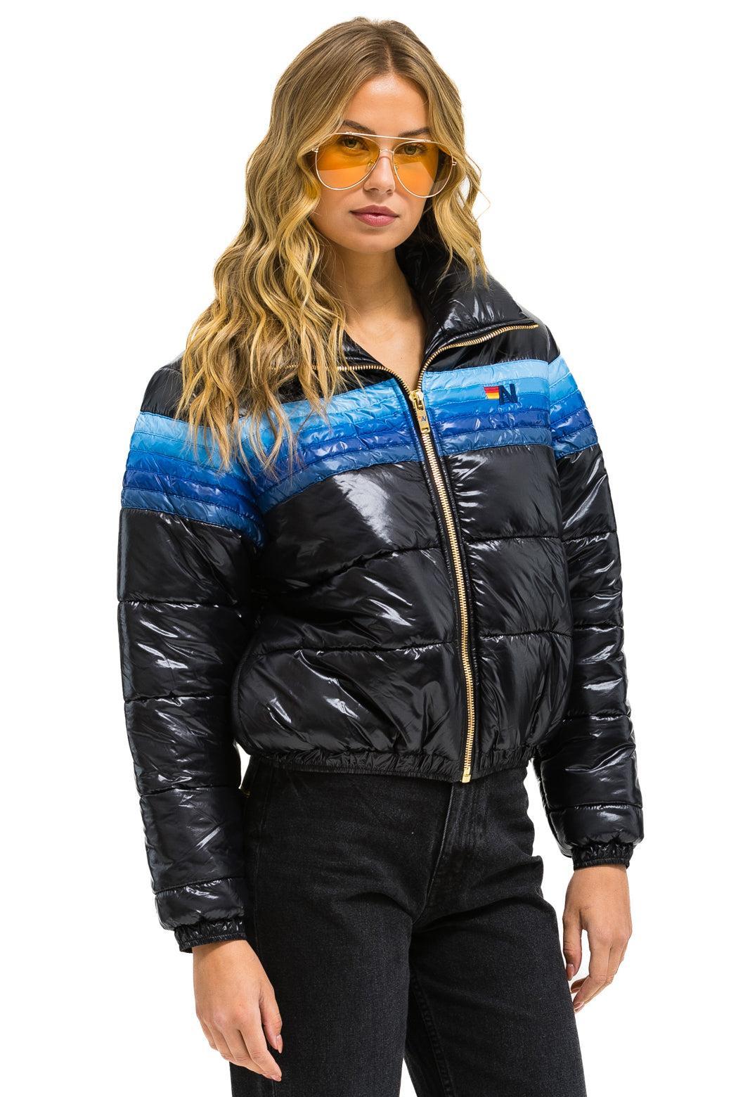 5 STRIPE LUXE APRES PUFFER JACKET - GLOSSY BLACK // BLUE STRIPES Female Product Image