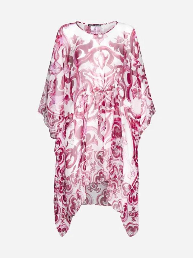 DOLCE & GABBANA Short Kaftan In Majolica Print Chiffon In White,fuchsia Product Image