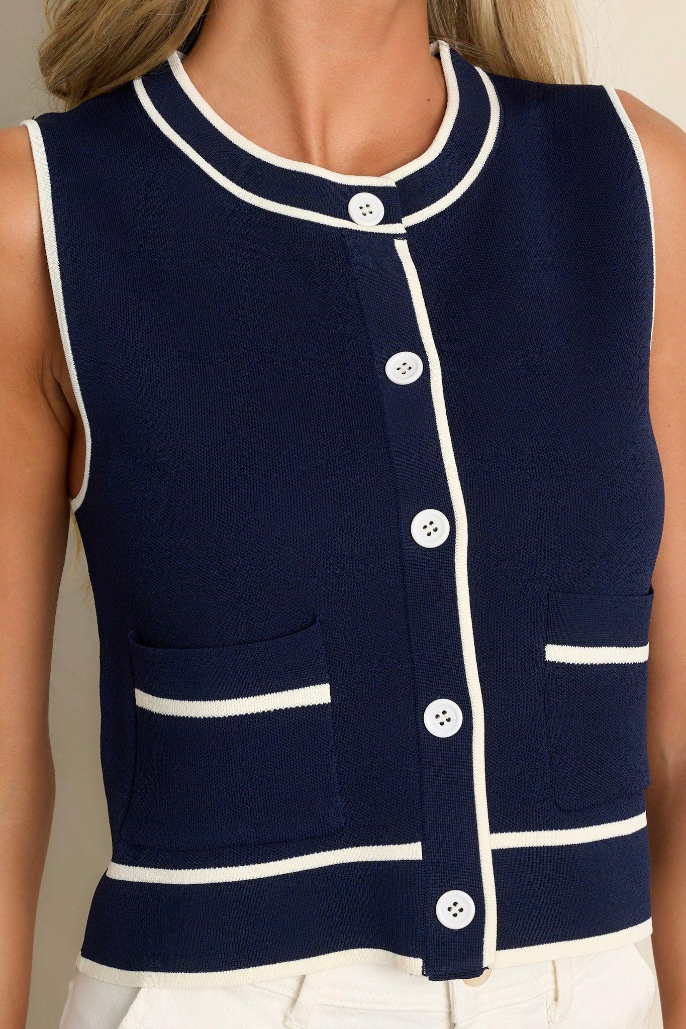 Smooth Sailing Navy Sleeveless Button Front Vest Product Image