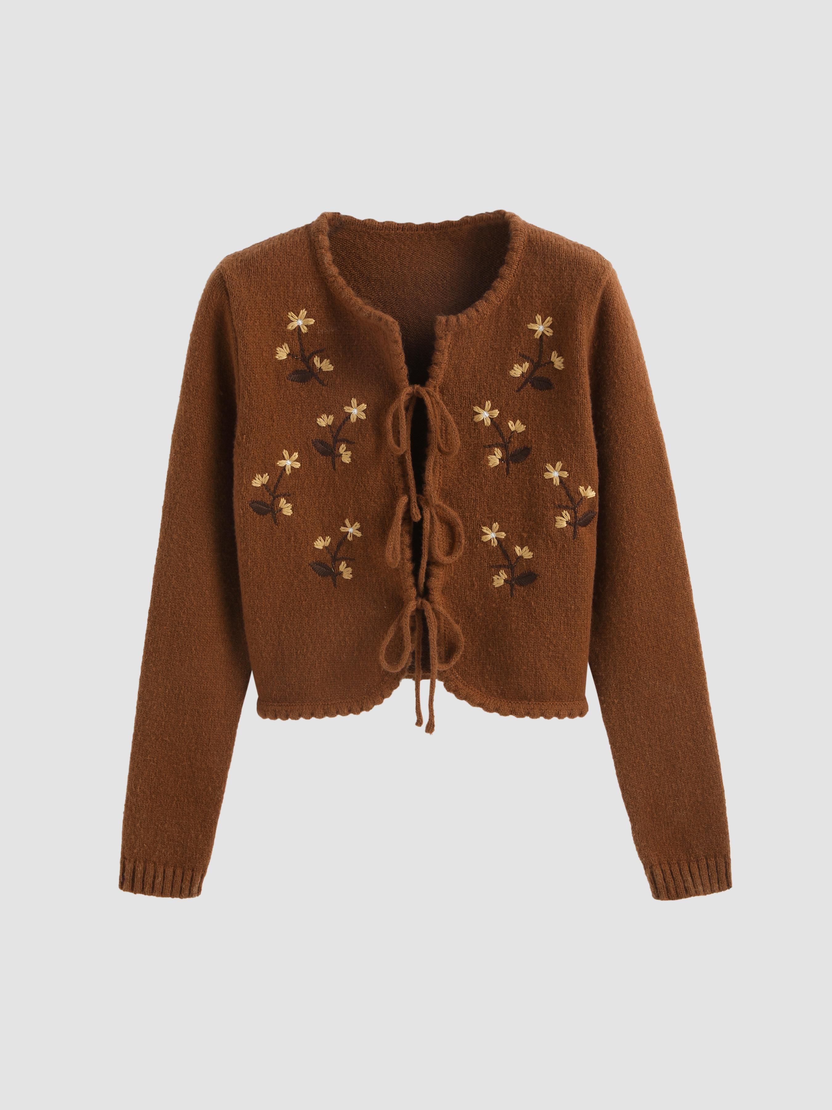 Floral Embroidery Knotted Cardigan Product Image