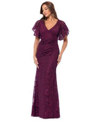 Betsy & Adam Womens Eyelash-Lace Flutter-Sleeve Long Dress Product Image