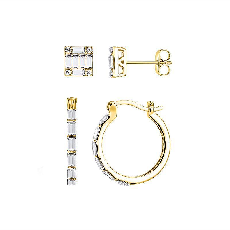 Chrystina Gold Tone Baguette Crystal Stud & Hoop Earring 2-piece Set, Womens, White Product Image