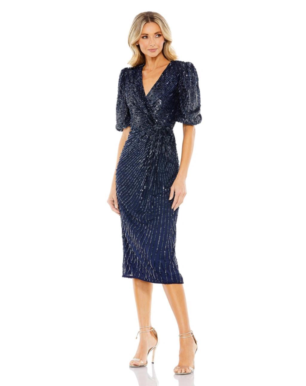 Sequin Puff Sleeve Sheath Dress In Midnight Product Image