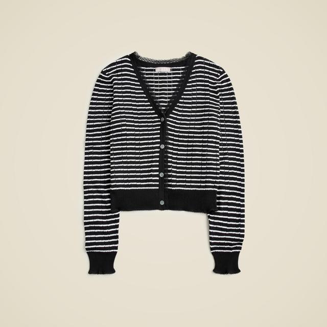 Pointelle V-neck cardigan in striped premium ultrafine cotton Product Image